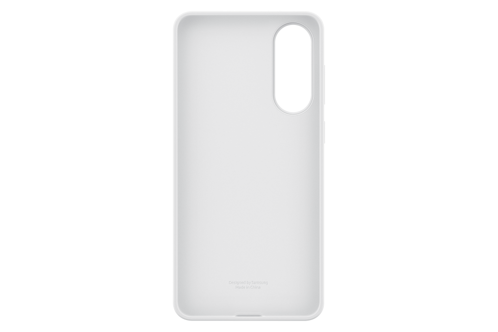 Egy fehér telefontok egy Samsung telefonhoz. Van egy kamerakivágása, és a szöveg: 'Designed by Samsung Made in China'.