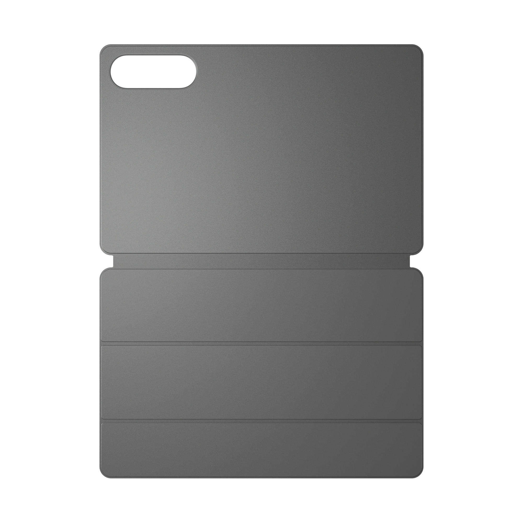 Eine graue Tablet-Hülle mit einem Ausschnitt für eine Kamera, in drei Teile gefaltet, vor weißem Hintergrund.