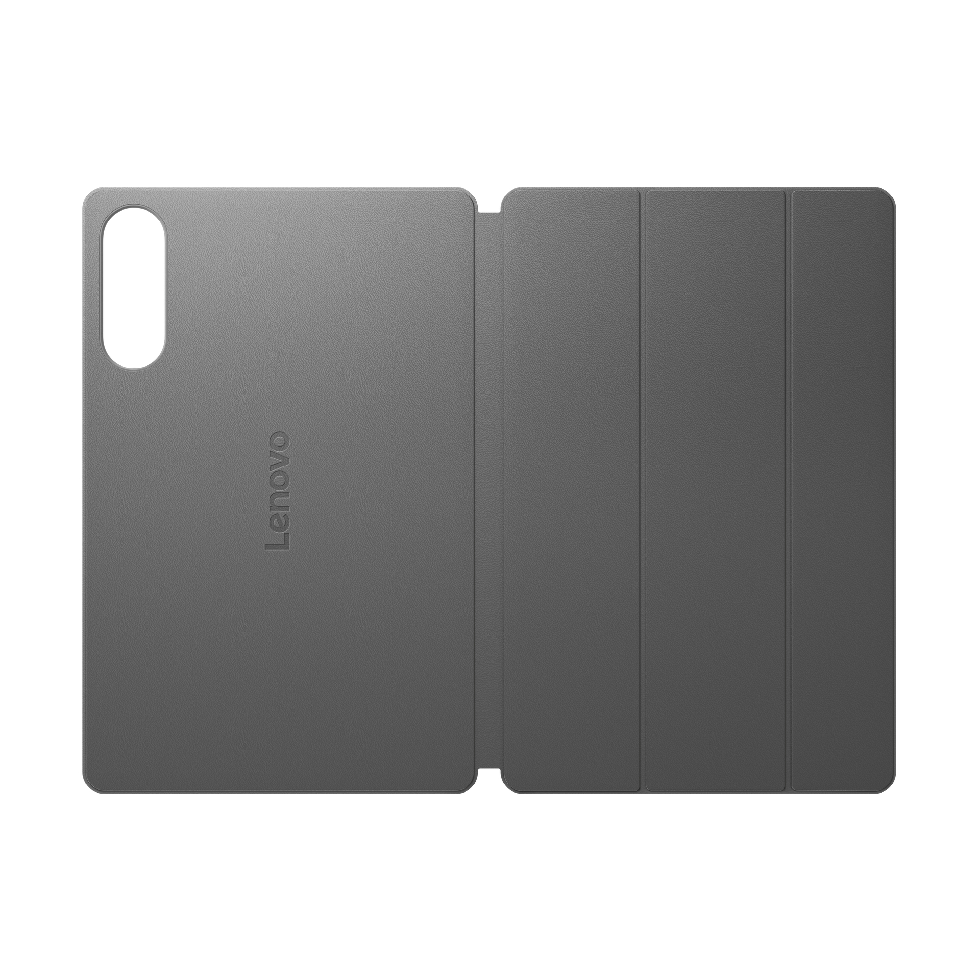 Offene graue Lenovo Tablet-Hülle. Die Hülle hat einen Ausschnitt für die Kamera und das Lenovo-Logo ist sichtbar.