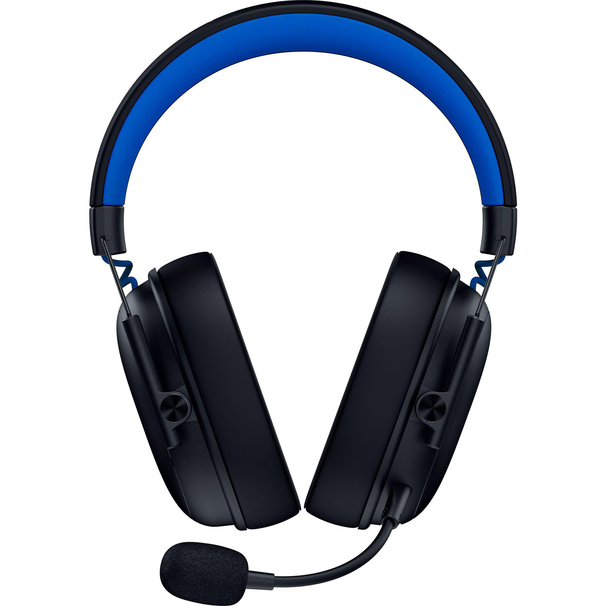 Schwarzes Gaming-Headset mit blauem Kopfbandpolster und Mikrofon auf weißem Hintergrund.