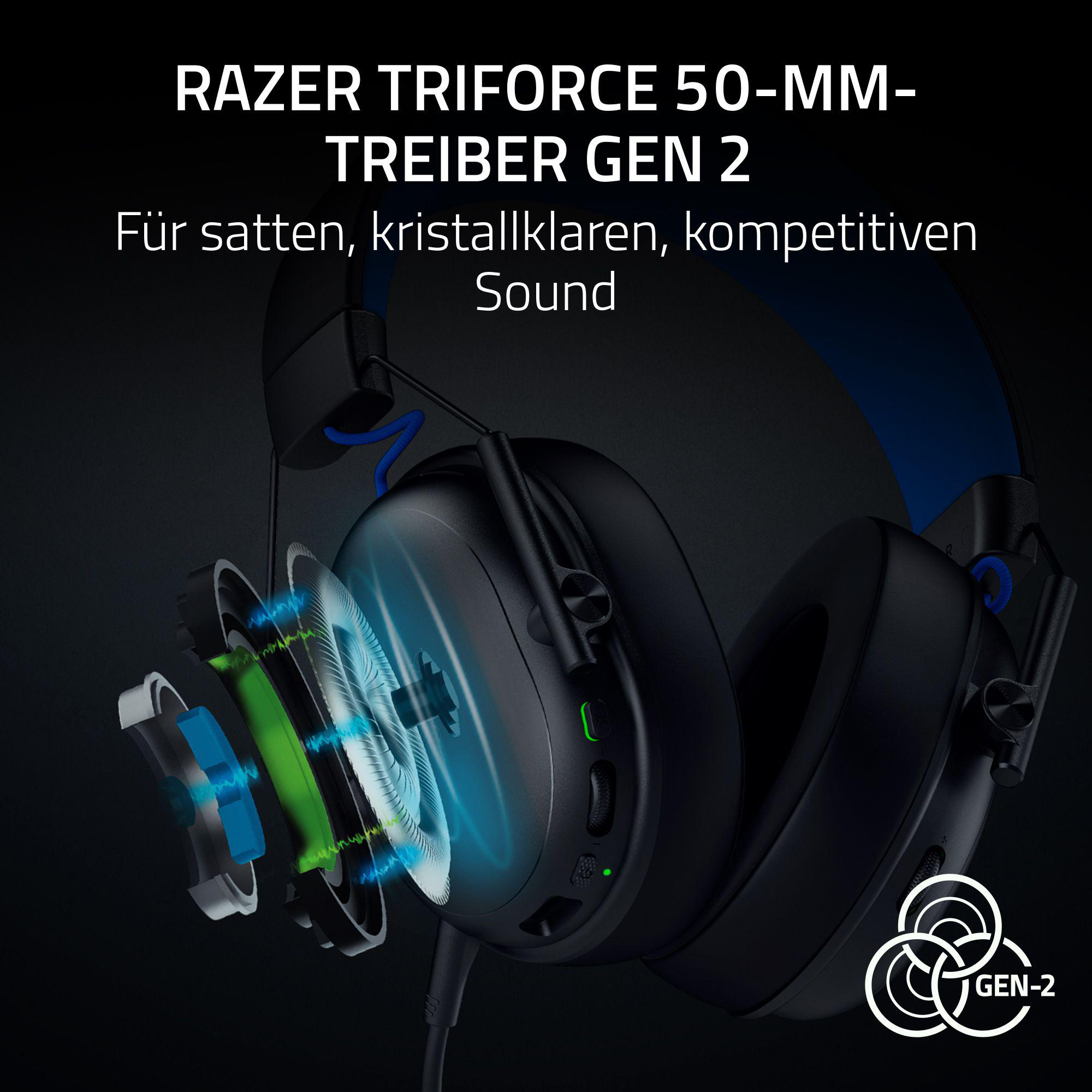 Schwarzes Razer-Headset mit blauen Akzenten, zeigt interne Komponenten. Text: 'RAZER TRIFORCE' und 'GEN 2'.