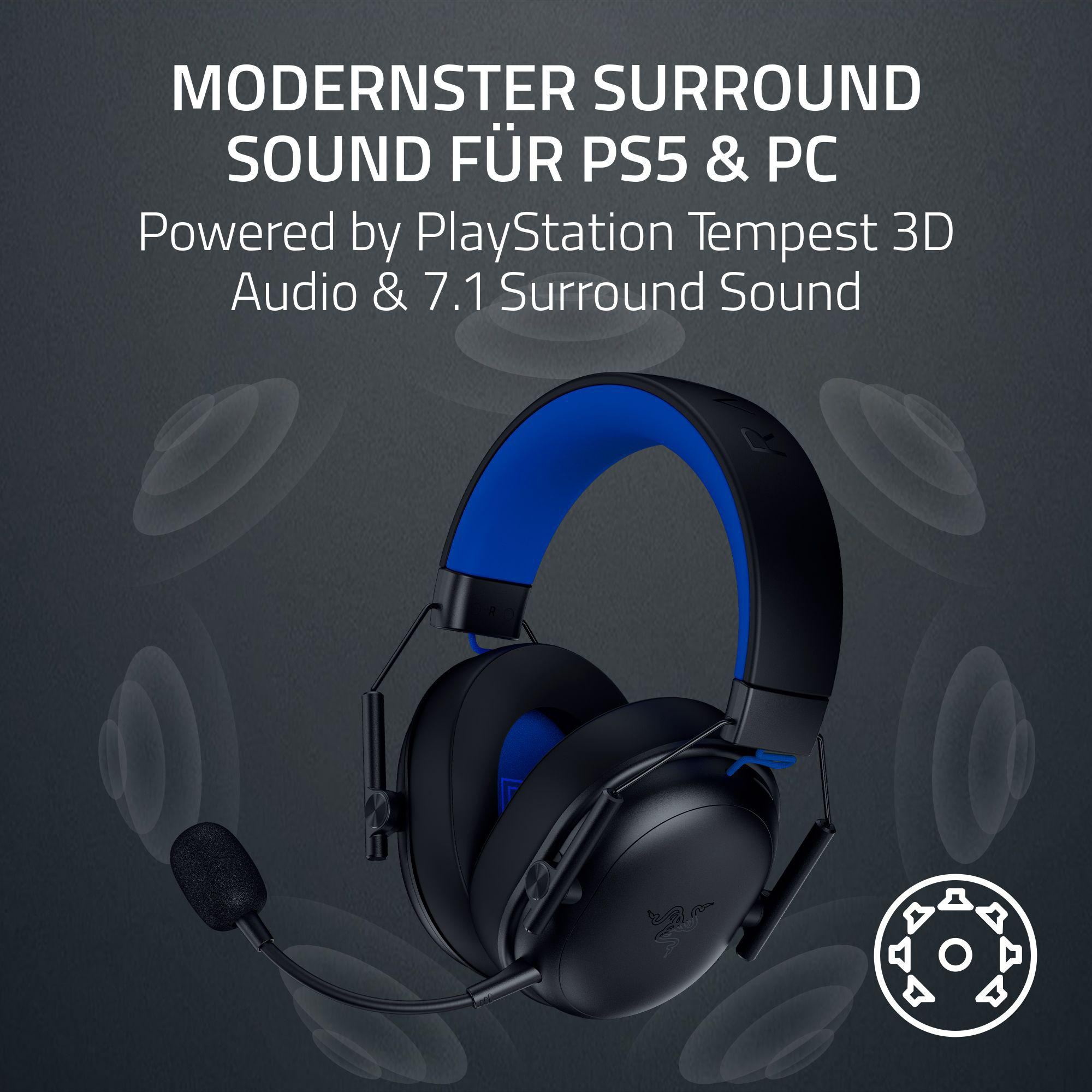 Schwarzes und blaues Gaming-Headset mit Mikrofon. Text lautet 'Modernster Surround Sound' und weitere Funktionen.