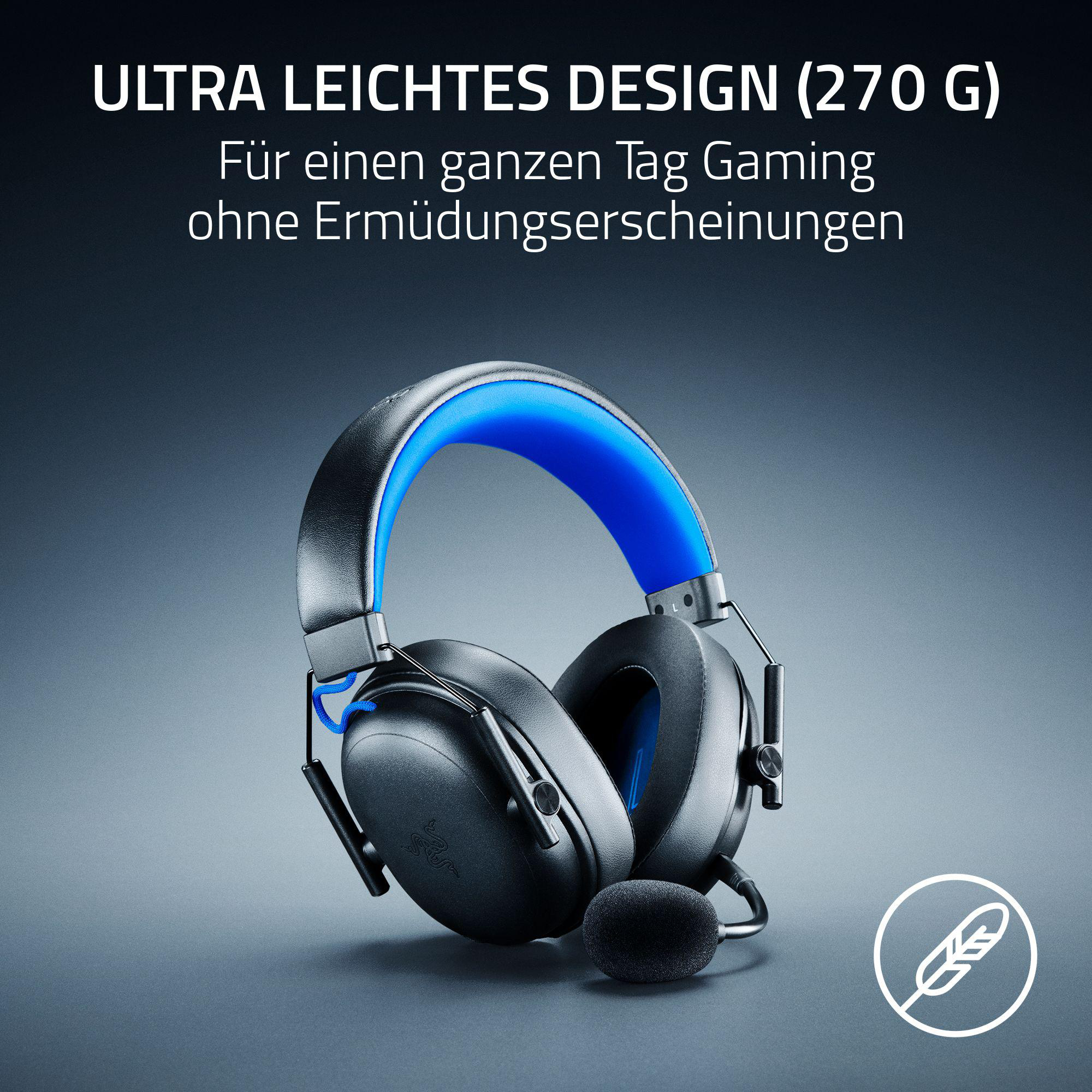 Schwarzes Gaming-Headset mit blauen Akzenten. Verfügt über ein Mikrofon und ein Federsymbol, das leichtes Design anzeigt.