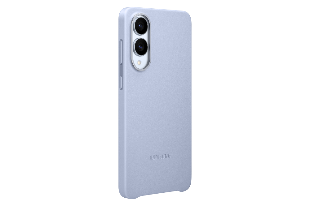Egy világos lila Samsung telefontok három kamerával. A Samsung logója látható. A háttér fekete.