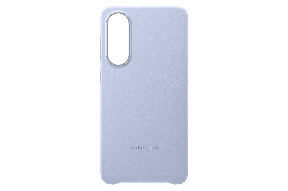 Világos lila telefontok kamerakivágással és Samsung logóval, fekete háttérrel.