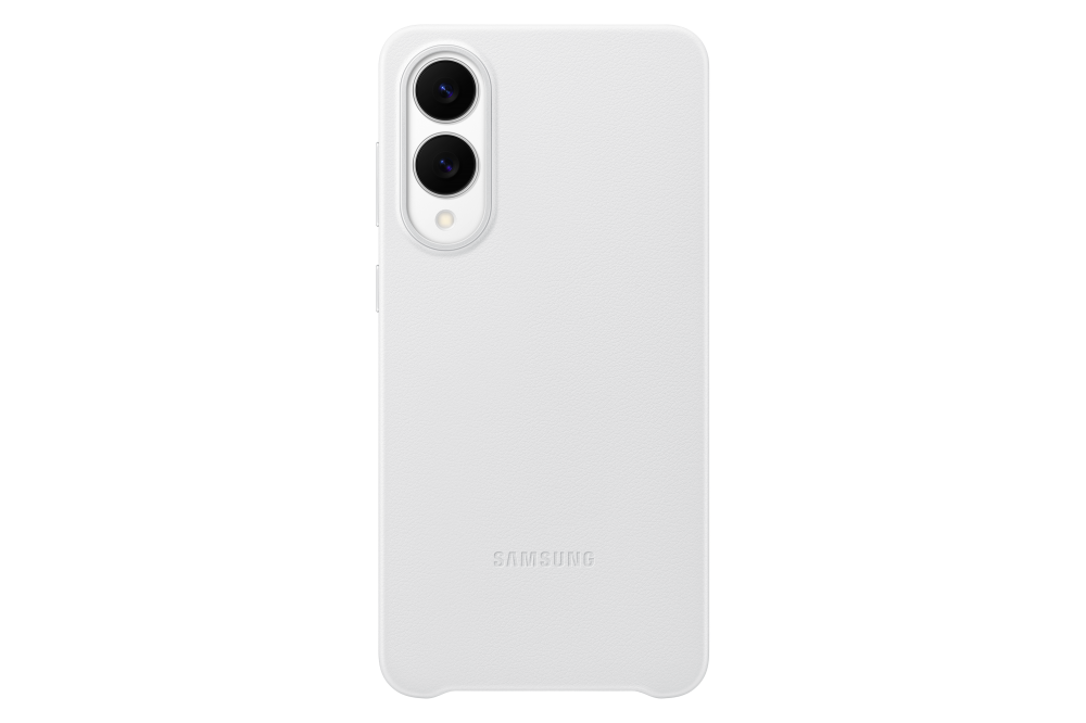 Egy fehér telefontok két kamerával a tetején. A Samsung logó alul. A háttér fekete.