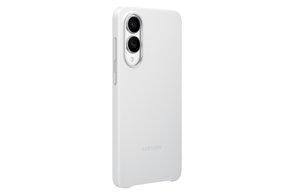 Egy fehér telefontok Samsung telefonhoz. Kamerái és a Samsung logója van a hátulján.