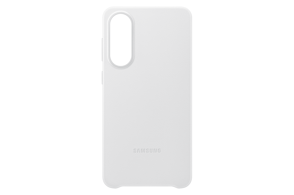 Egy fehér Samsung telefontok. Van rajta egy kivágás a kamerának és a Samsung logó. Egyszínű.