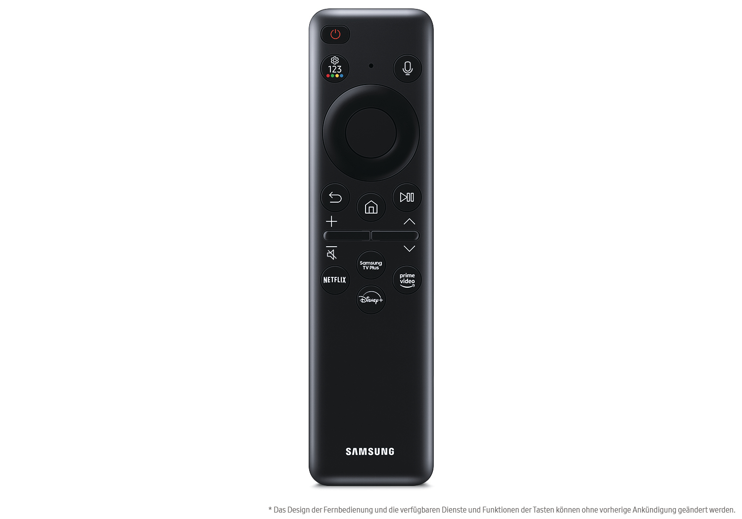Schwarze Samsung-Fernbedienung. Tasten: Ein/Aus, Zahlen, Mikrofon, Netflix, Samsung TV Plus, Prime Video und Disney+.