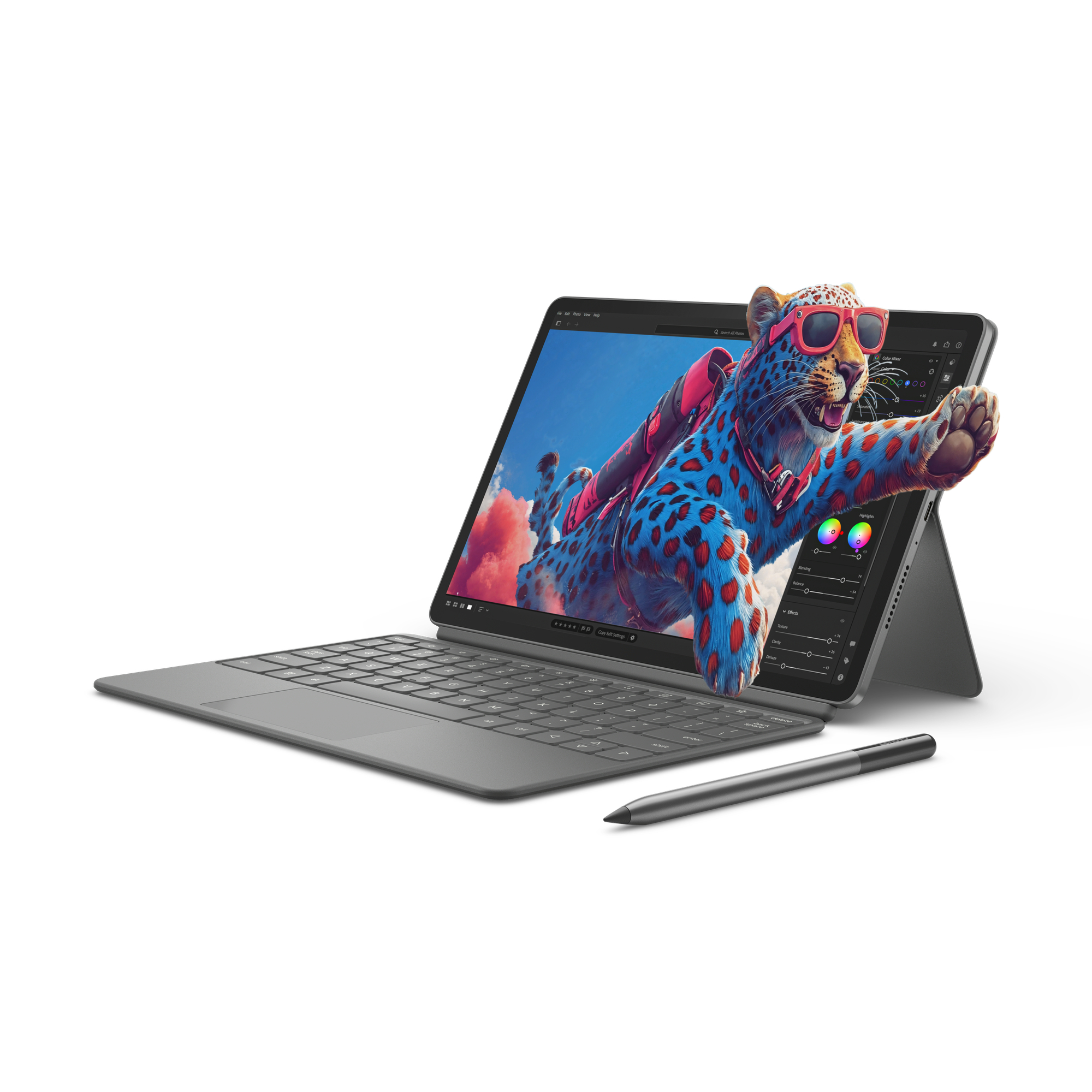 Laptop mit blauem Leoparden mit Sonnenbrille, der aus dem Bildschirm kommt, mit geöffneter Bearbeitungssoftware.