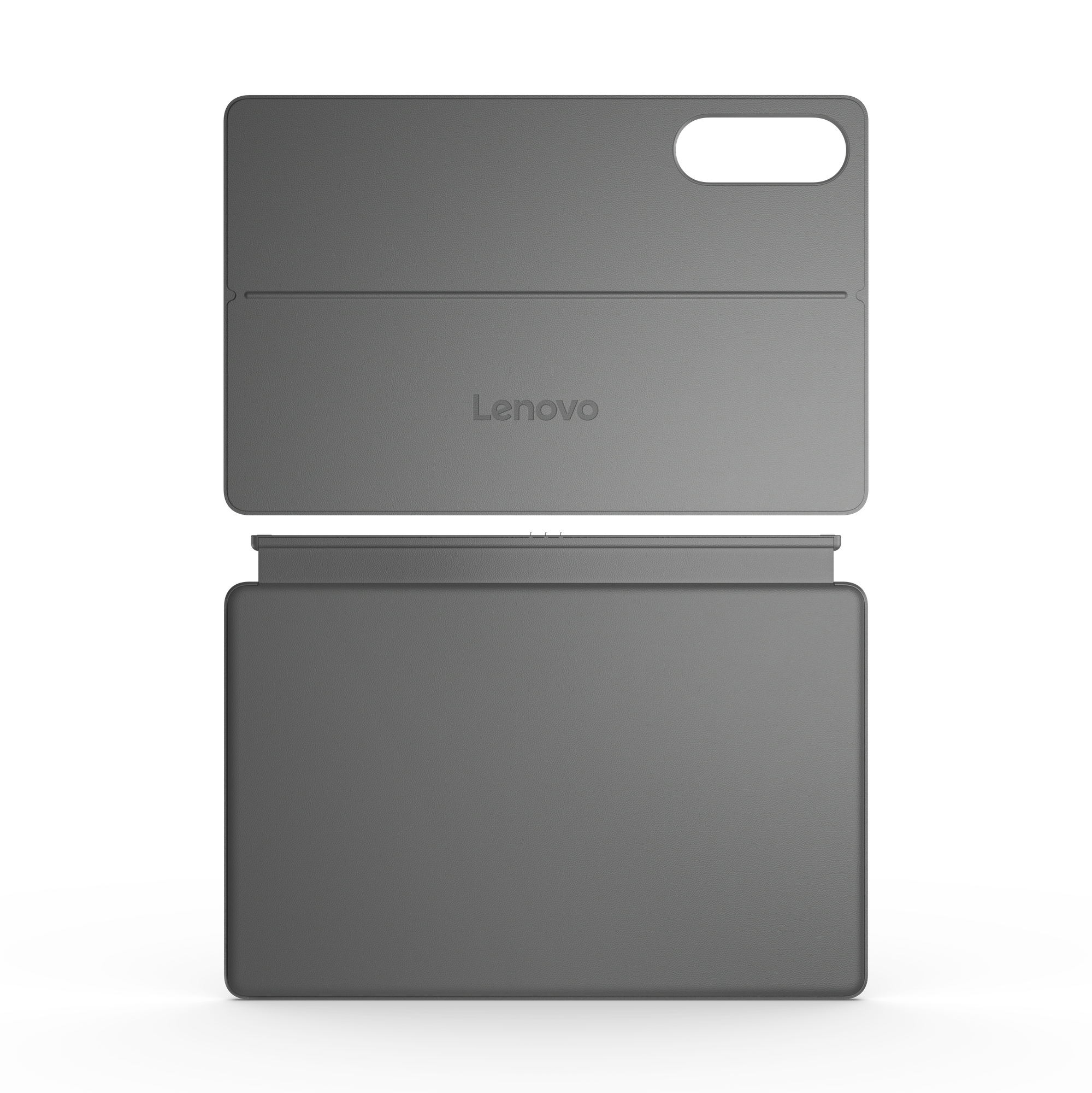 Graue Lenovo-Tablet-Hülle mit Lenovo-Logo. Der obere Teil hat ein Loch. Es ist teilweise geöffnet.