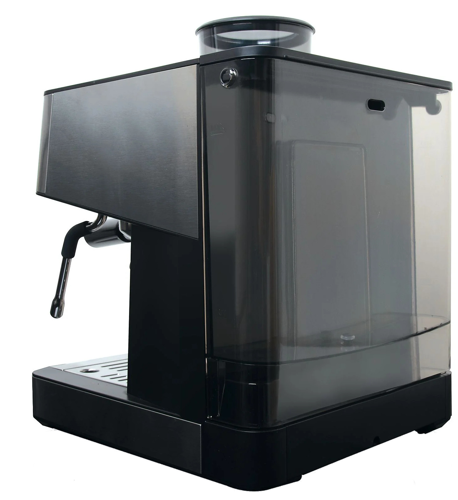 Czarno-srebrny ekspres do kawy z przezroczystym zbiornikiem na wodę po prawej stronie. Posiada dyszę do spieniania mleka i pojemnik na ziarna.