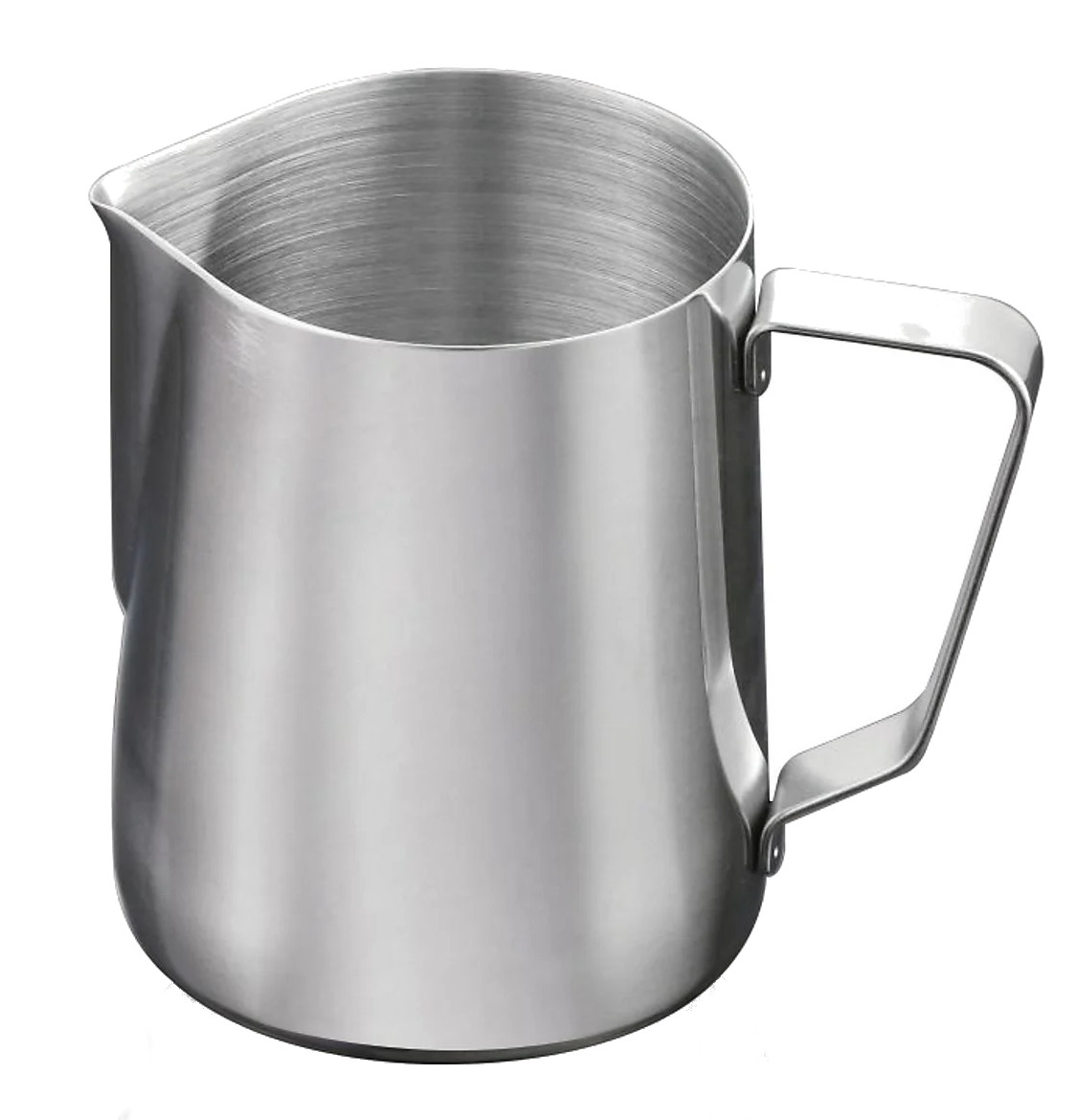 Dzbanek ze stali nierdzewnej z uchwytem, kątowym wylewem i błyszczącą, metalową powierzchnią.