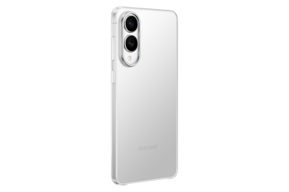 Egy átlátszó telefontok egy benne lévő telefonnal fekete háttér előtt. A telefonnak három kamerája van.