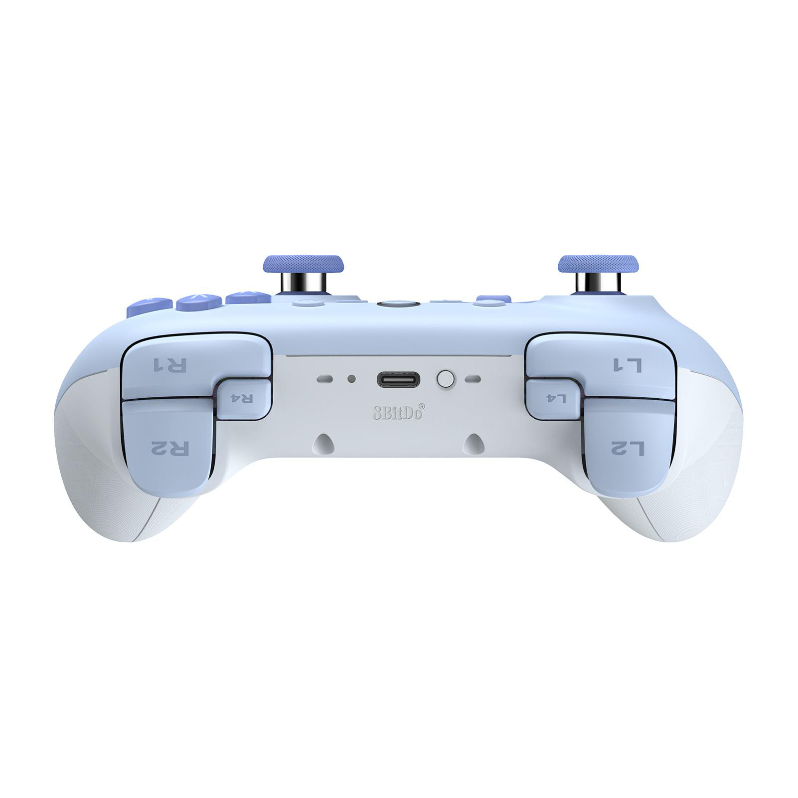 Ein hellblau-weißer Gamecontroller. Er hat Knöpfe, Analogsticks und einen USB-C-Anschluss. Die Marke ist 8BitDo.
