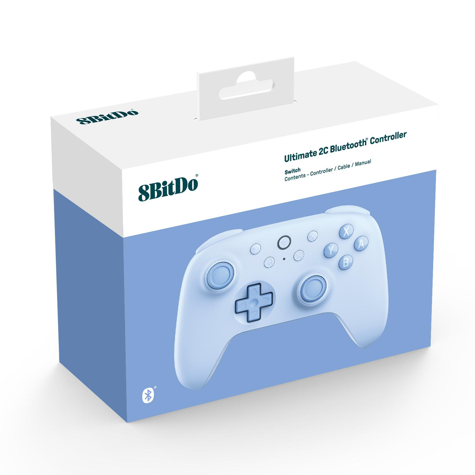 Schachtel eines weißen 8BitDo Ultimate 2C Bluetooth-Controllers. Er hat Knöpfe und ein Steuerkreuz.