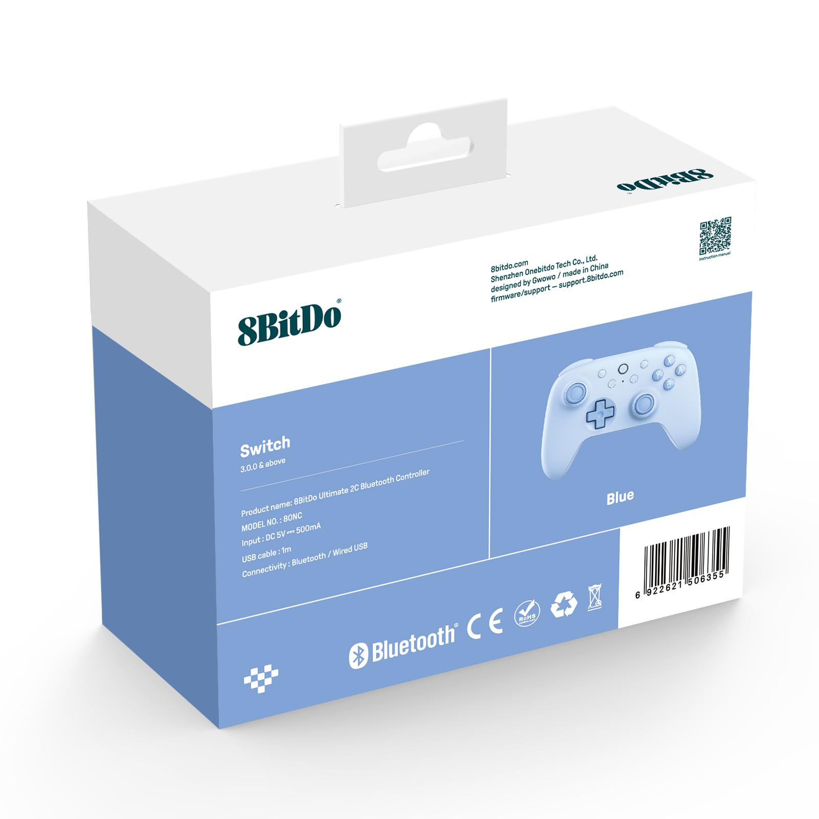 Eine blau-weiße Schachtel. Es ist ein 8BitDo-Controller für Switch. Die Box hat Produktdetails und ein Controller-Bild.