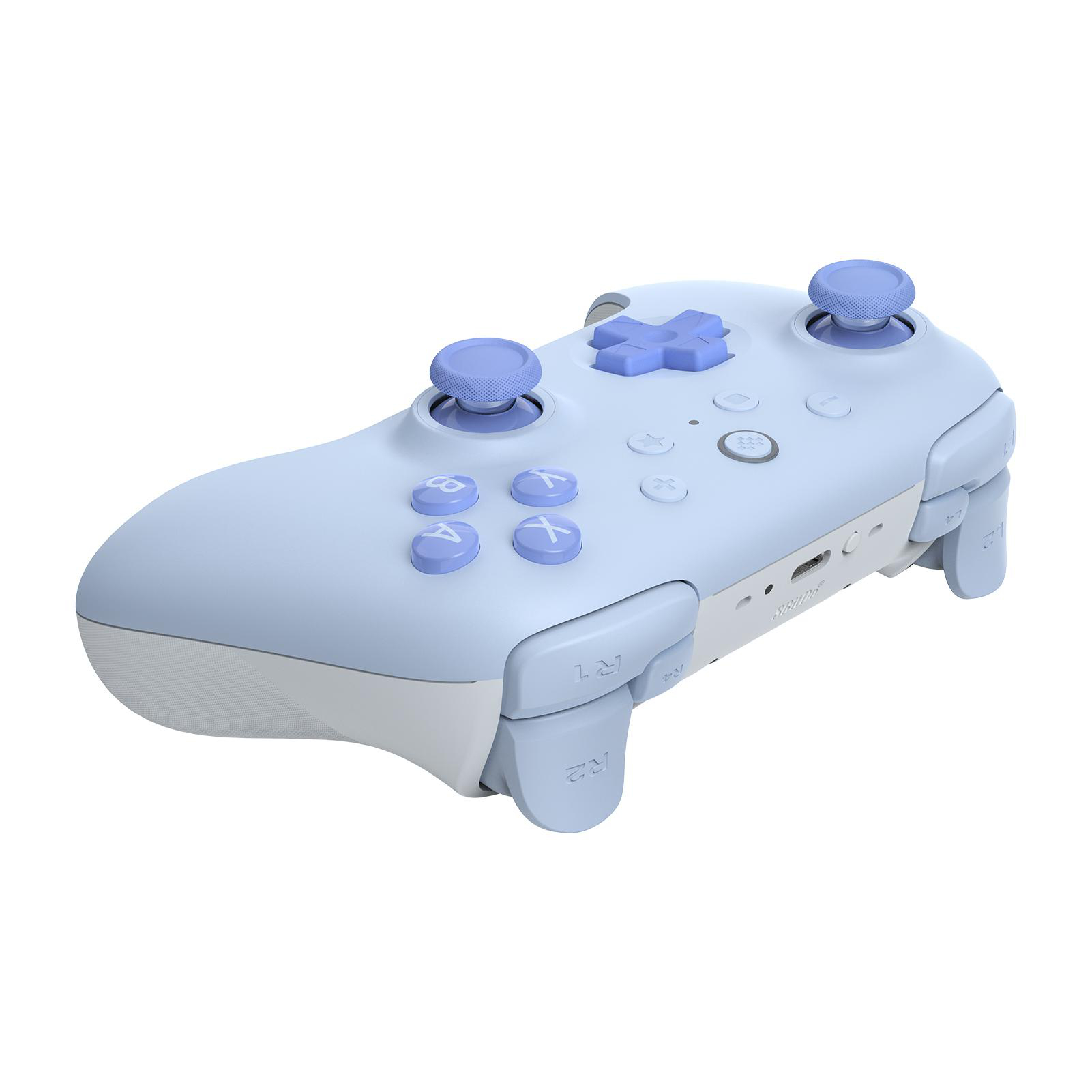 Ein hellblau-weißes Gamepad mit lila Knöpfen und Joysticks, vor einem weißen Hintergrund.