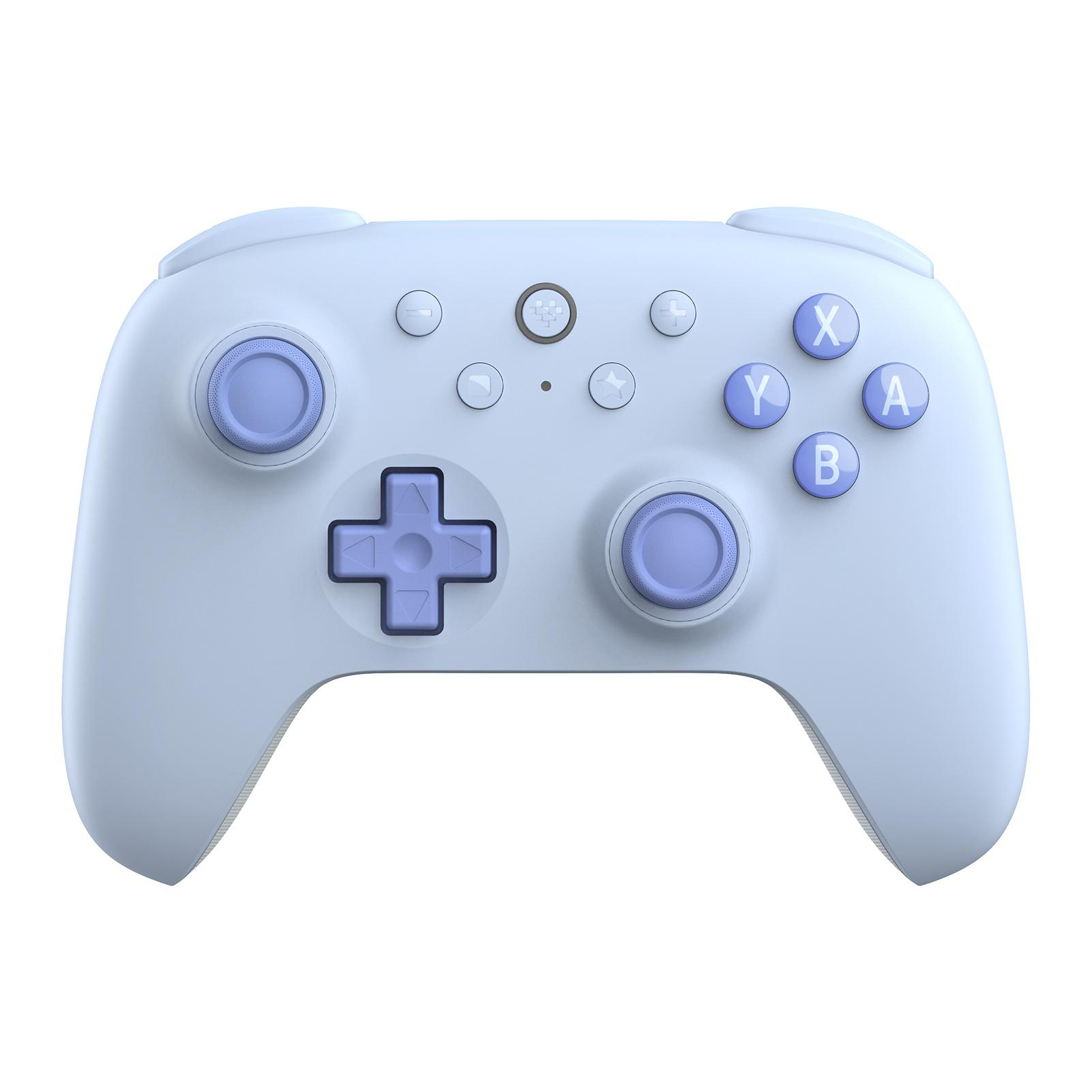 Ein hellblaues Gamepad mit lila Akzenten. Es hat Knöpfe, ein Steuerkreuz und Analogsticks auf weißem Hintergrund.