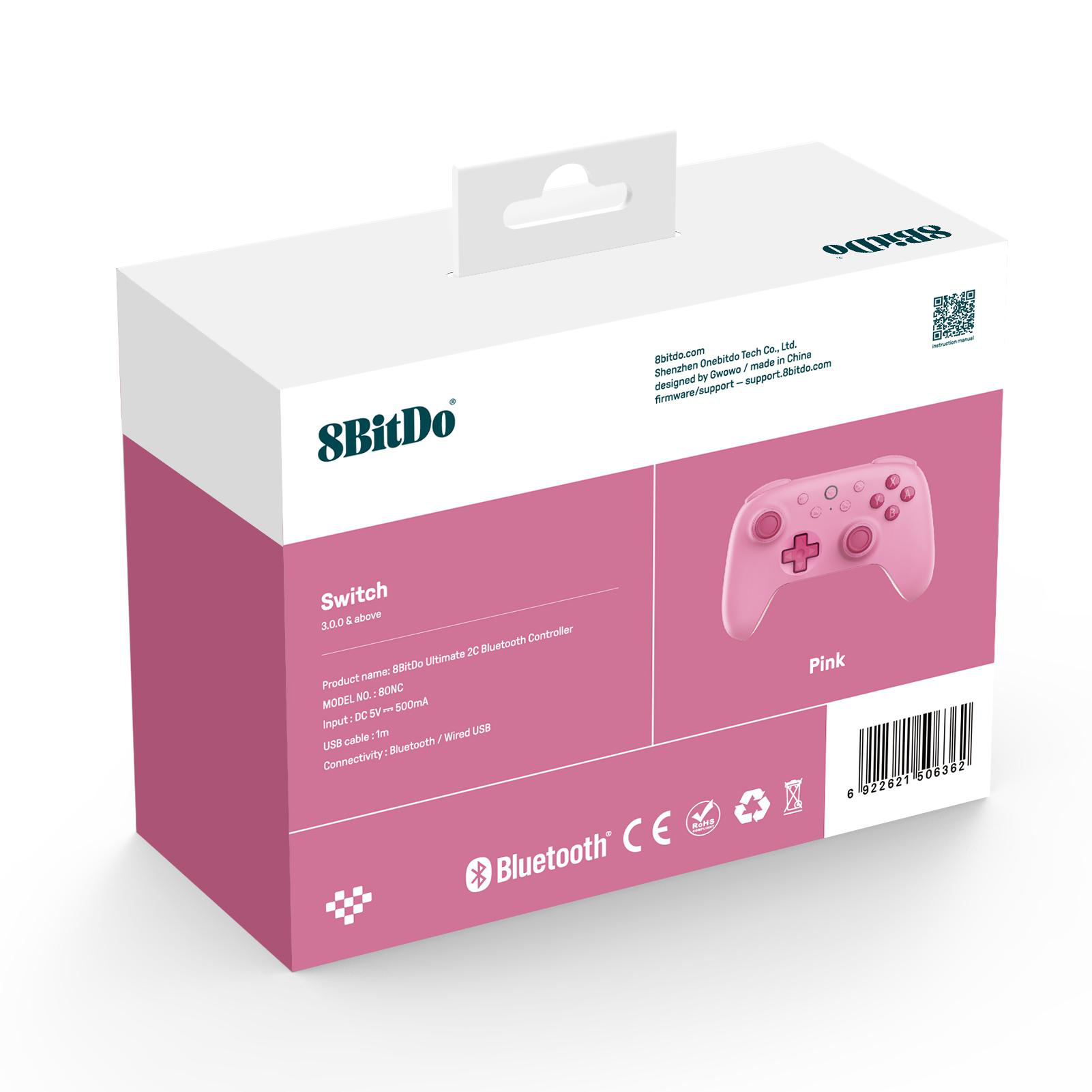 Schachtel mit pinkfarbenem 8BitDo Ultimate 2C Bluetooth Controller für Switch. Enthält ein Bild des Controllers.