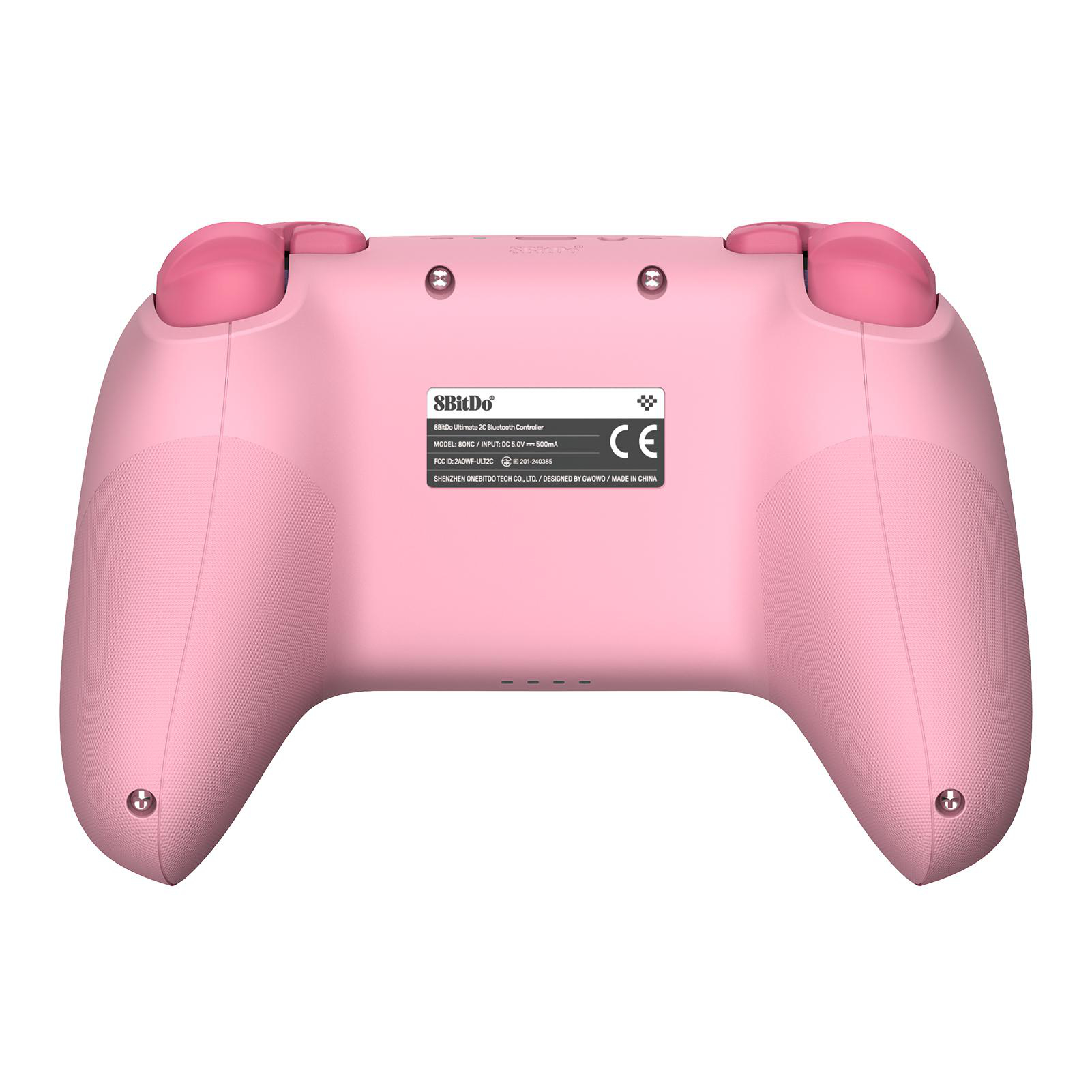 Rosa 8BitDo Bluetooth-Controller. Es hat rosa Knöpfe und ein weißes Etikett mit Details.