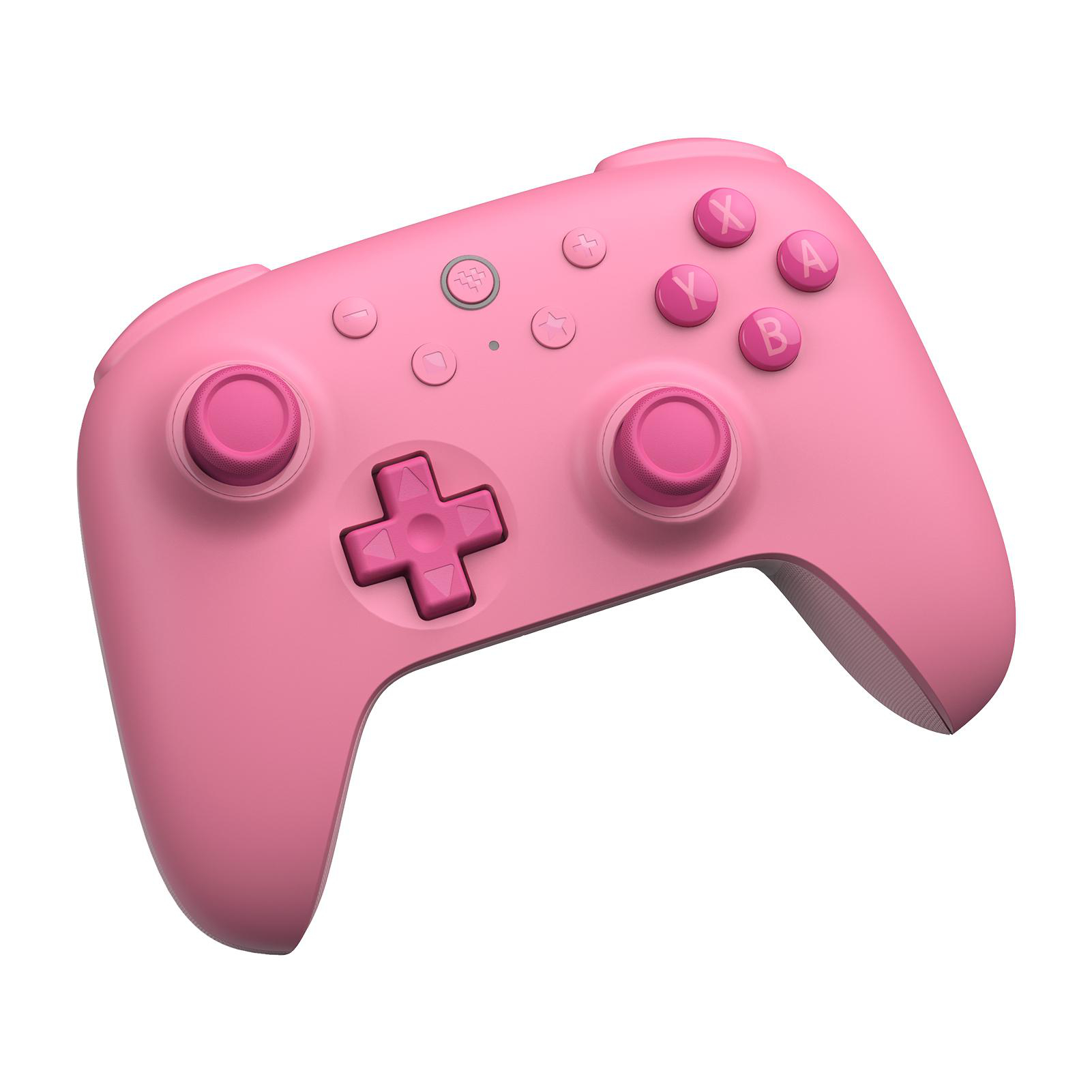 Rosa Gamecontroller mit Knöpfen, Joysticks und einem Steuerkreuz. Isoliert auf weißem Hintergrund.
