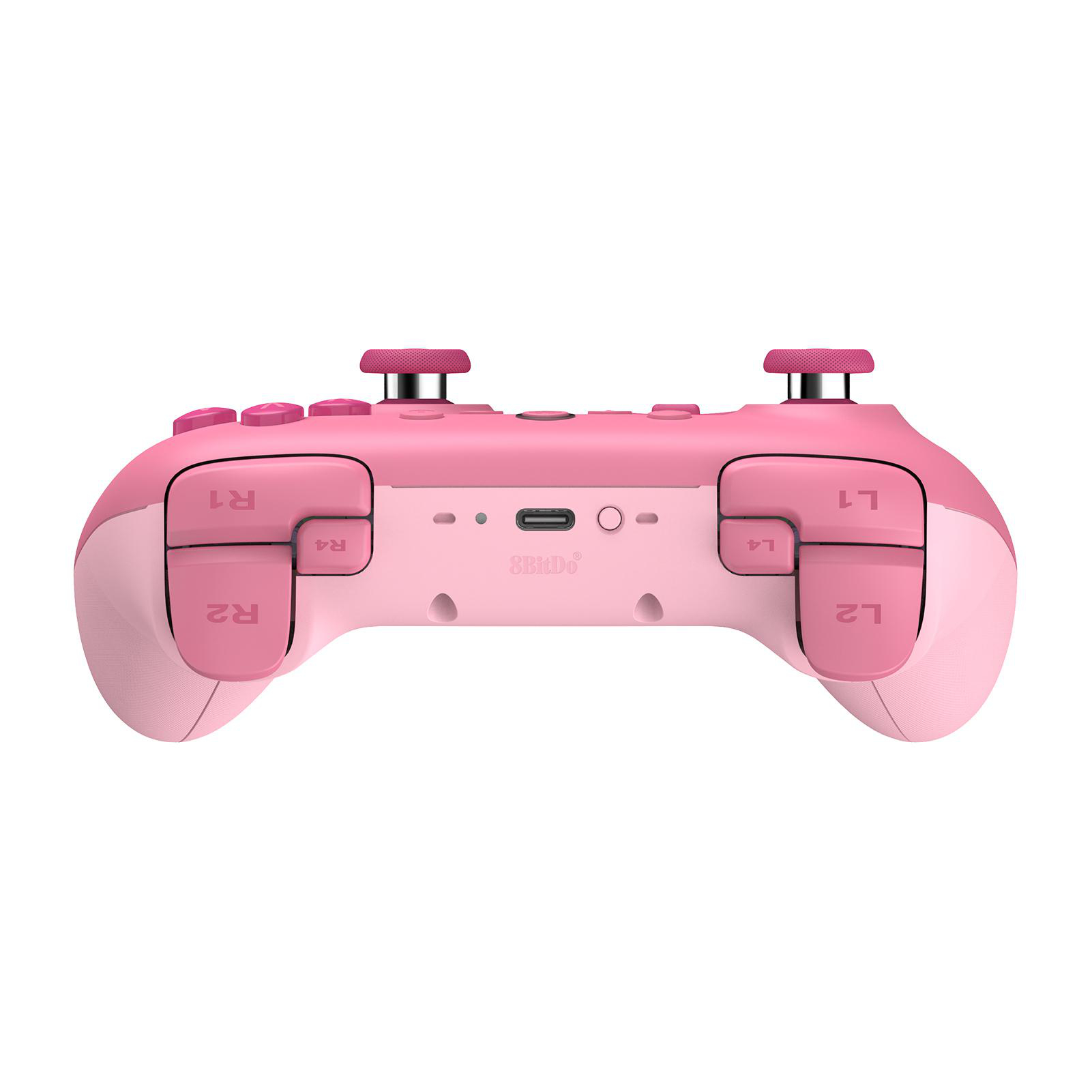 Ein pinkfarbener 8BitDo-Controller. Er hat Tasten mit den Bezeichnungen R1, R2, R4, L1, L2, L4 und zwei Joysticks. Unten befindet sich ein USB-C-Anschluss.
