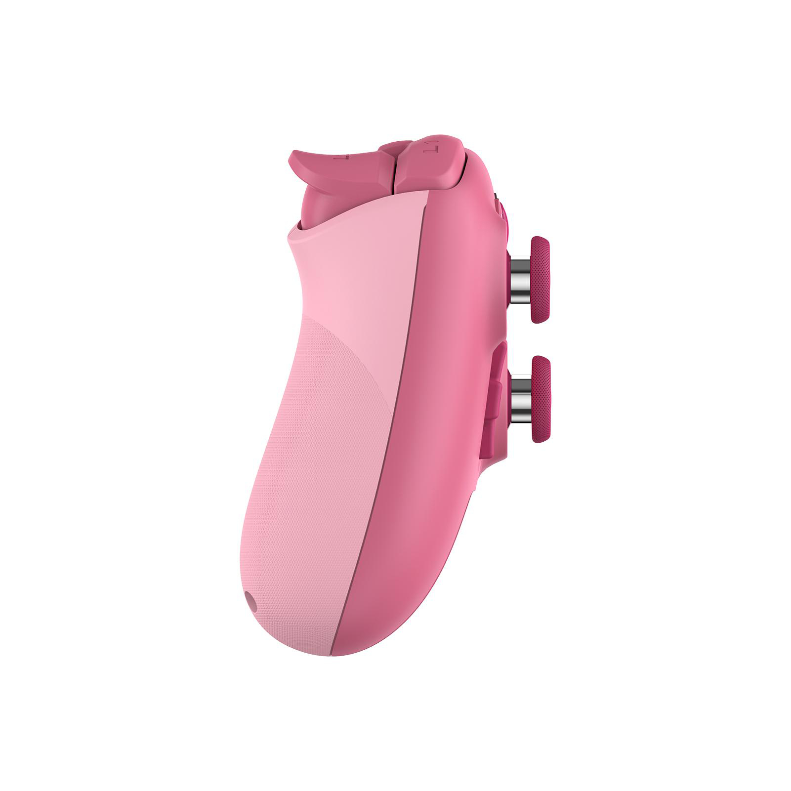Ein pinkfarbener Gamecontroller, abgewinkelt. Tasten und Auslöser sind sichtbar. Der Griff hat ein strukturiertes Muster, der Hintergrund ist weiß.