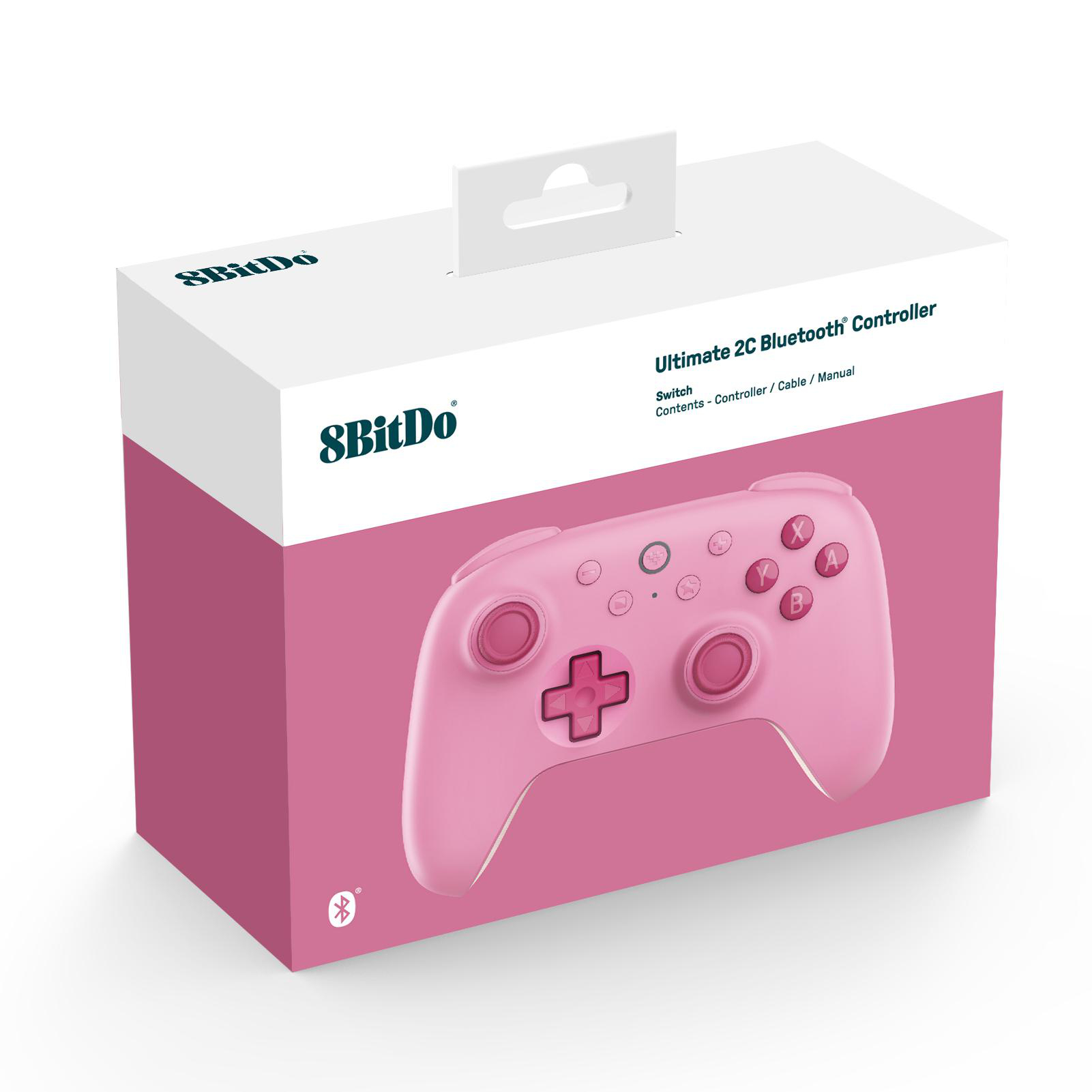 Rosa 8BitDo Ultimate 2C Bluetooth-Controller-Box. Der Controller ist sichtbar. Die Box hat den Markennamen und Produktinformationen.