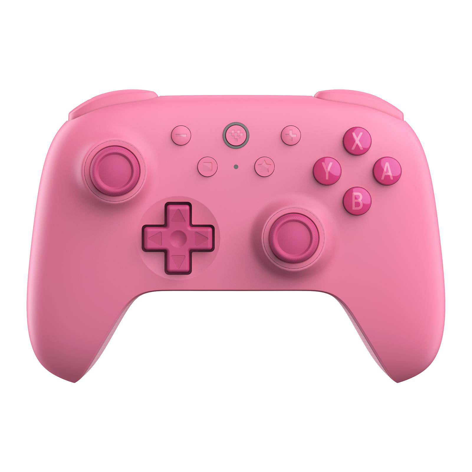 Rosa Gamecontroller mit Knöpfen, Joysticks und Steuerkreuz. Der Hintergrund ist weiß.