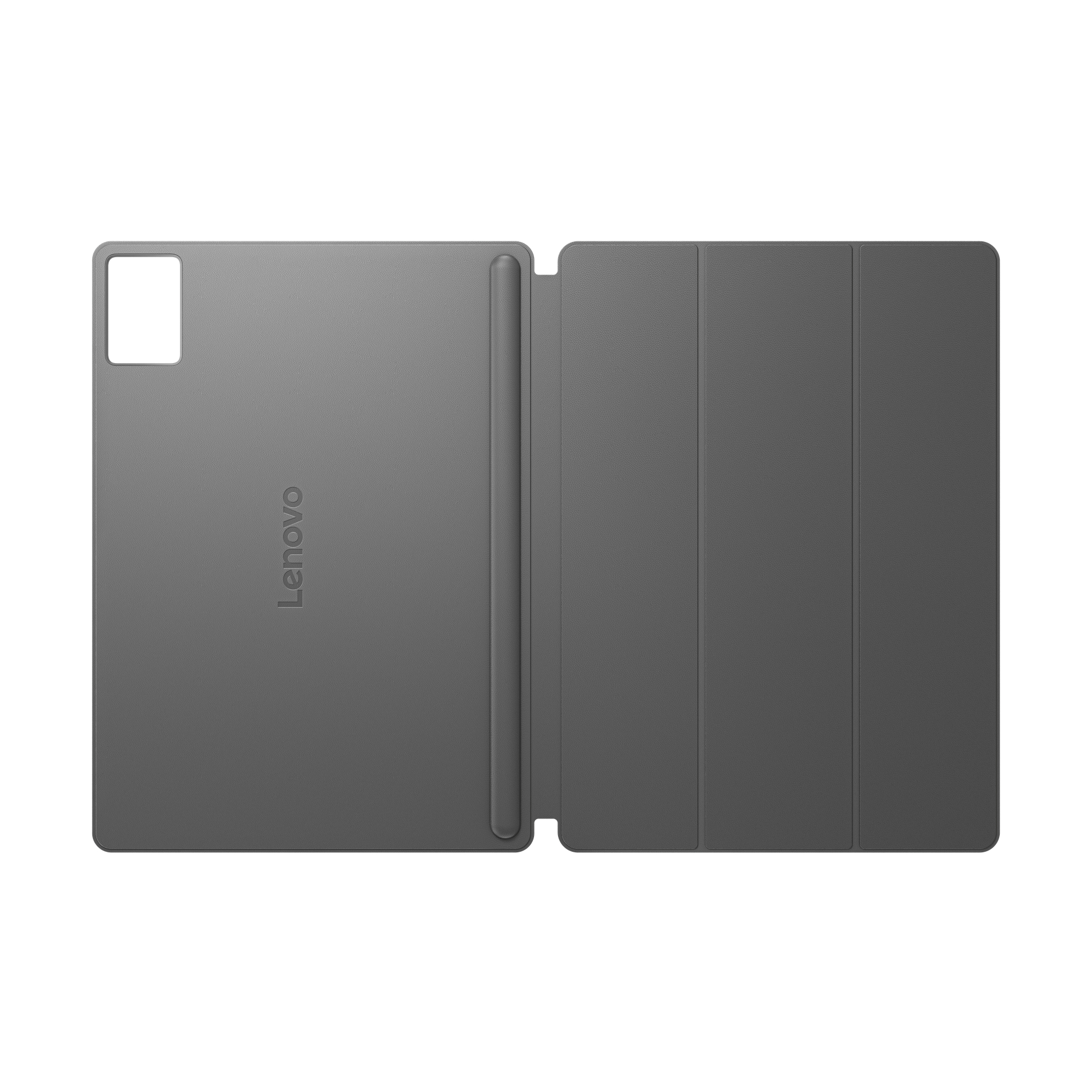 Offene graue Lenovo-Tablethülle. Die Hülle hat einen Kameraausschnitt, das Lenovo-Logo und befindet sich auf weißem Hintergrund.