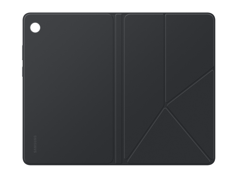 Egy fekete tablettok, összehajtott borítással. A borító geometriai mintázatú. A Samsung logó látható. A háttér fekete.