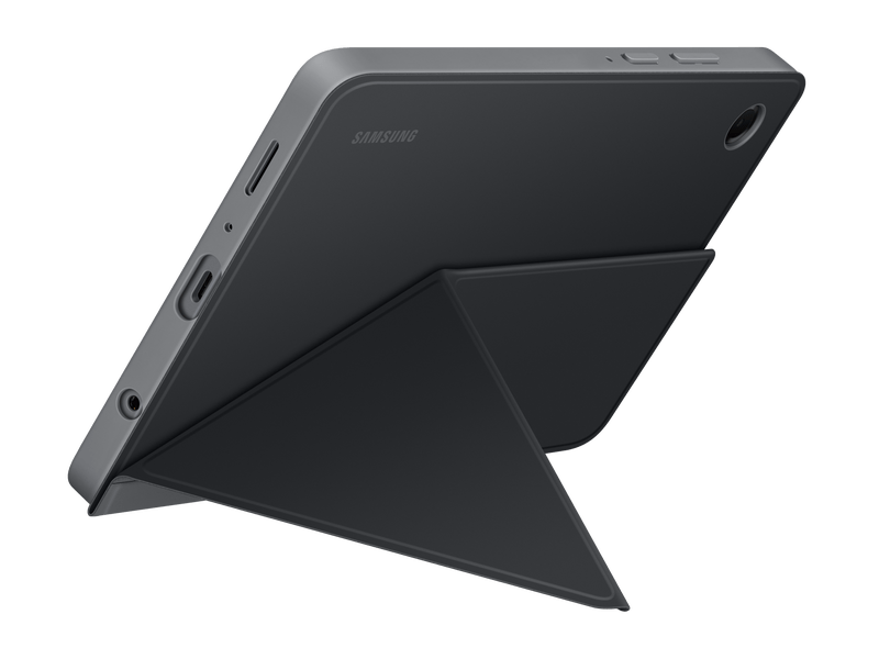 Egy fekete Samsung tablet sötétszürke tokkal és összecsukható állvánnyal. A tablet fekete háttéren van.