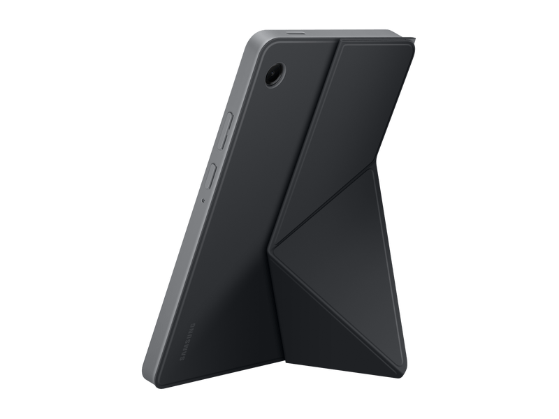 Egy fekete tablet, összecsukható tokkal a néző felé van döntve. A tablet szürke kerettel és Samsung logóval rendelkezik.