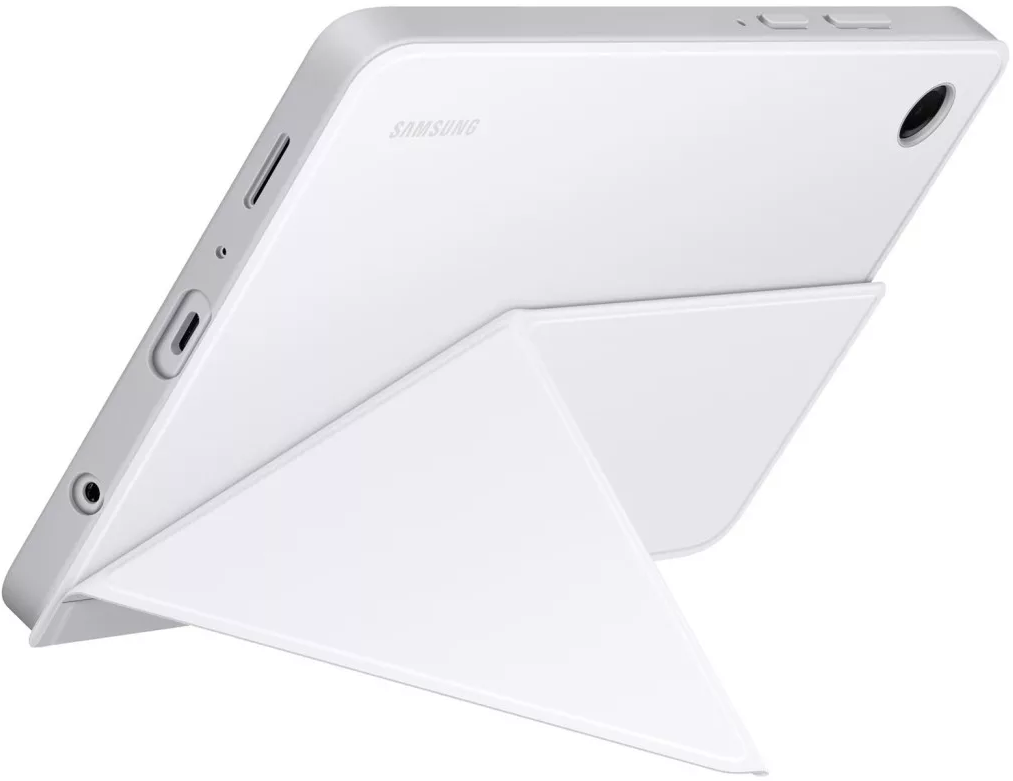 Fehér Samsung tablet fehér tokkal, szögben, portokat és kamerát mutatva. A tok állvánnyá van hajtva.