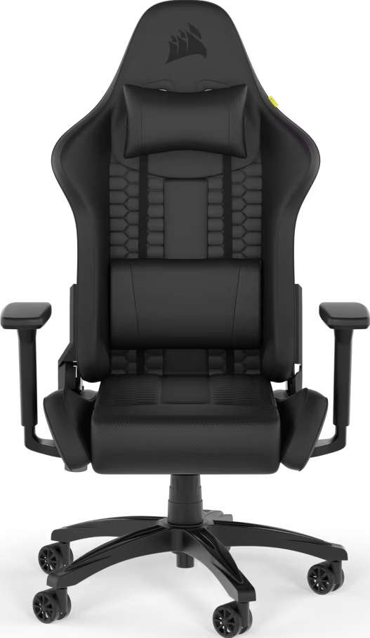 Schwarzer Gaming-Stuhl mit Kopfstütze und Armlehnen. Der Stuhl hat ein Wabenmuster auf Rücken und Sitz und ein Corsair-Logo.