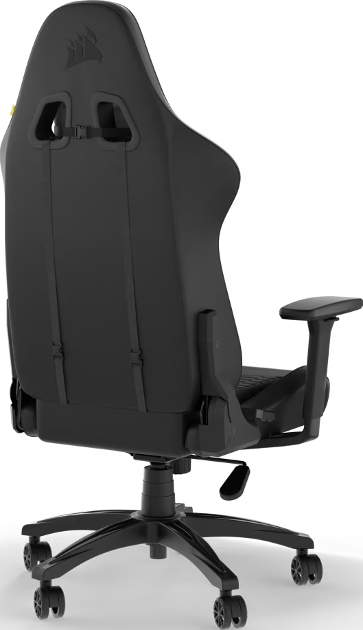 Schwarzer Gaming-Stuhl. Er hat eine hohe Rückenlehne, Armlehnen und ein Gestell mit Rädern. Das Corsair-Logo ist sichtbar.