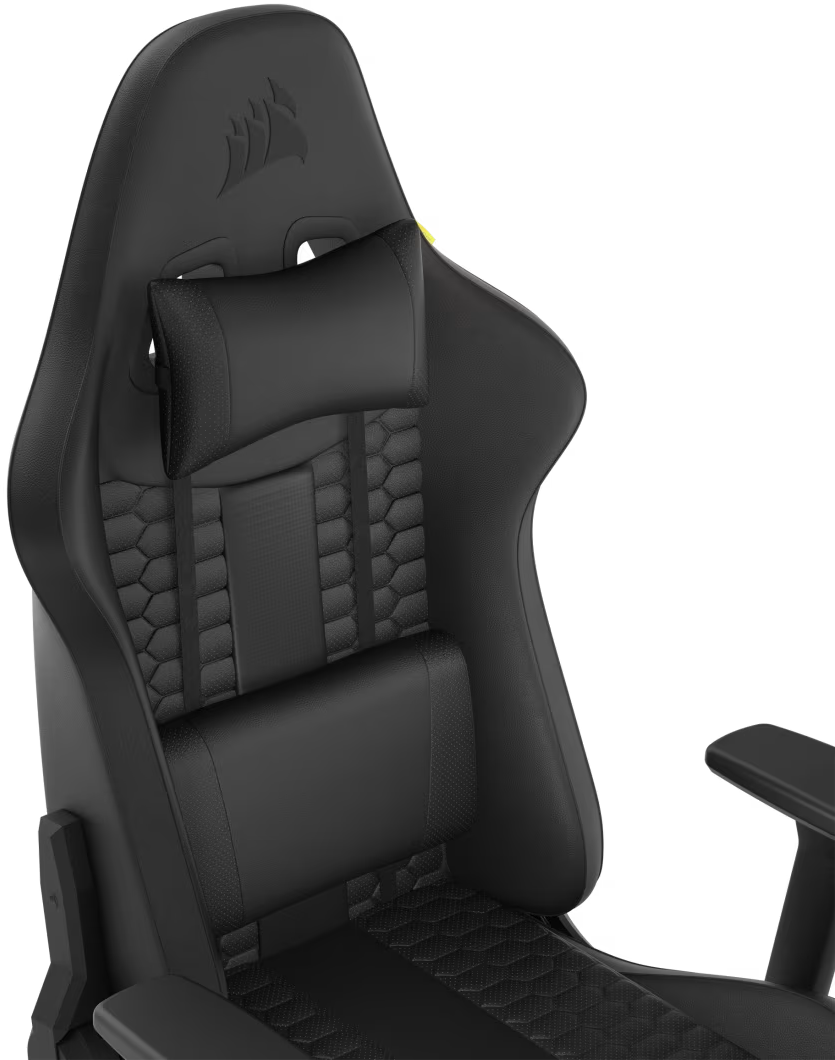 Ein schwarzer Gaming-Stuhl mit Kopf- und Lendenwirbelstütze. Der Stuhl hat ein strukturiertes Design auf Rücken und Sitz.
