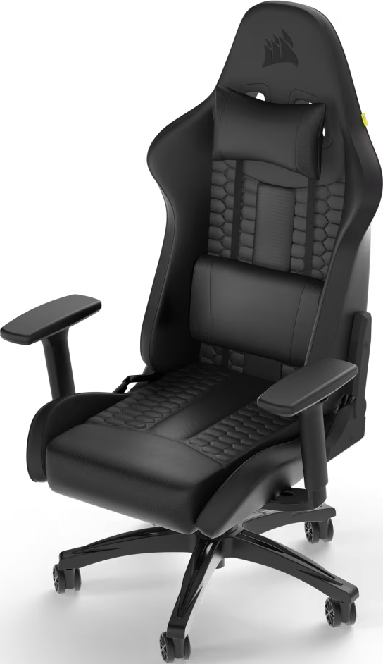 Schwarzer Gaming-Stuhl mit Kopfstütze und Armlehnen. Verfügt über ein Wabenmuster auf Sitz und Rückenlehne. Corsair-Logo oben.
