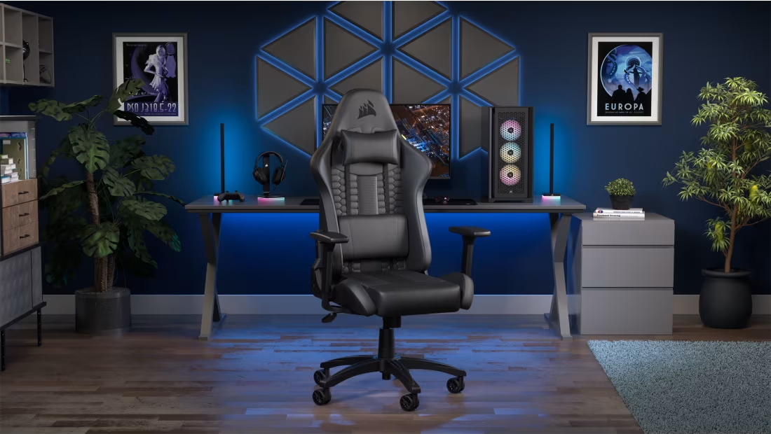 Gaming-Setup mit schwarzem Stuhl, PC, Schreibtisch und Postern. Enthält Pflanzen und eine blaue Wand.