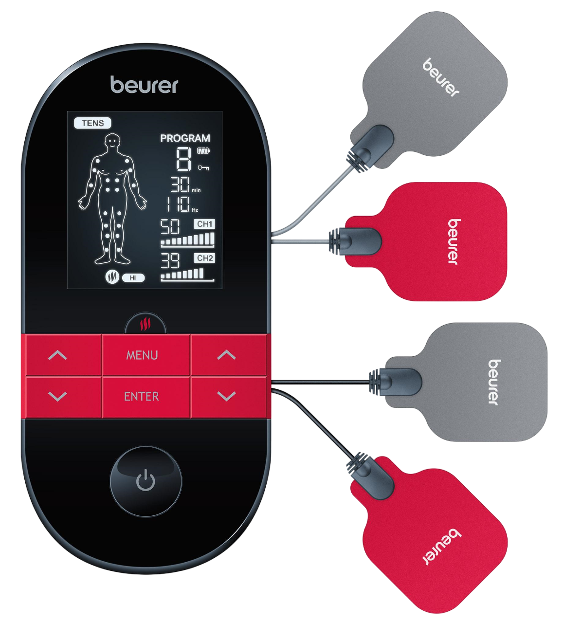 Ein schwarzes Beurer TENS-Gerät mit digitaler Anzeige, roten Knöpfen und angeschlossenen Pads. Das Display zeigt ein Körperdiagramm.