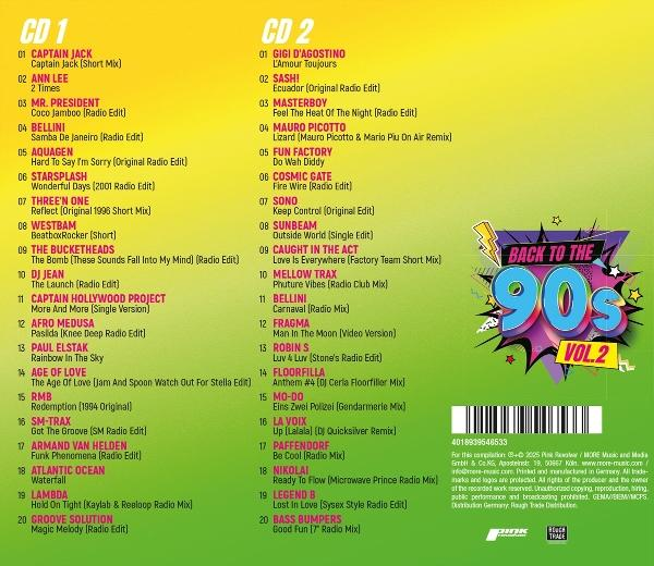 CD-Cover. Auflistungen von Songtiteln für CD1 und CD2. 'Back to the 90s Vol. 2'-Logo im Hintergrund.