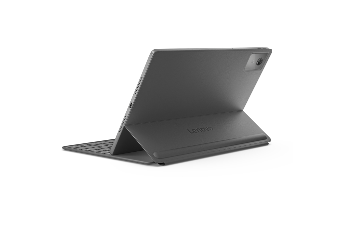 Ein graues Lenovo-Tablet mit Tastaturhülle wird auf weißem Hintergrund schräg dargestellt. Das Lenovo-Logo ist sichtbar.
