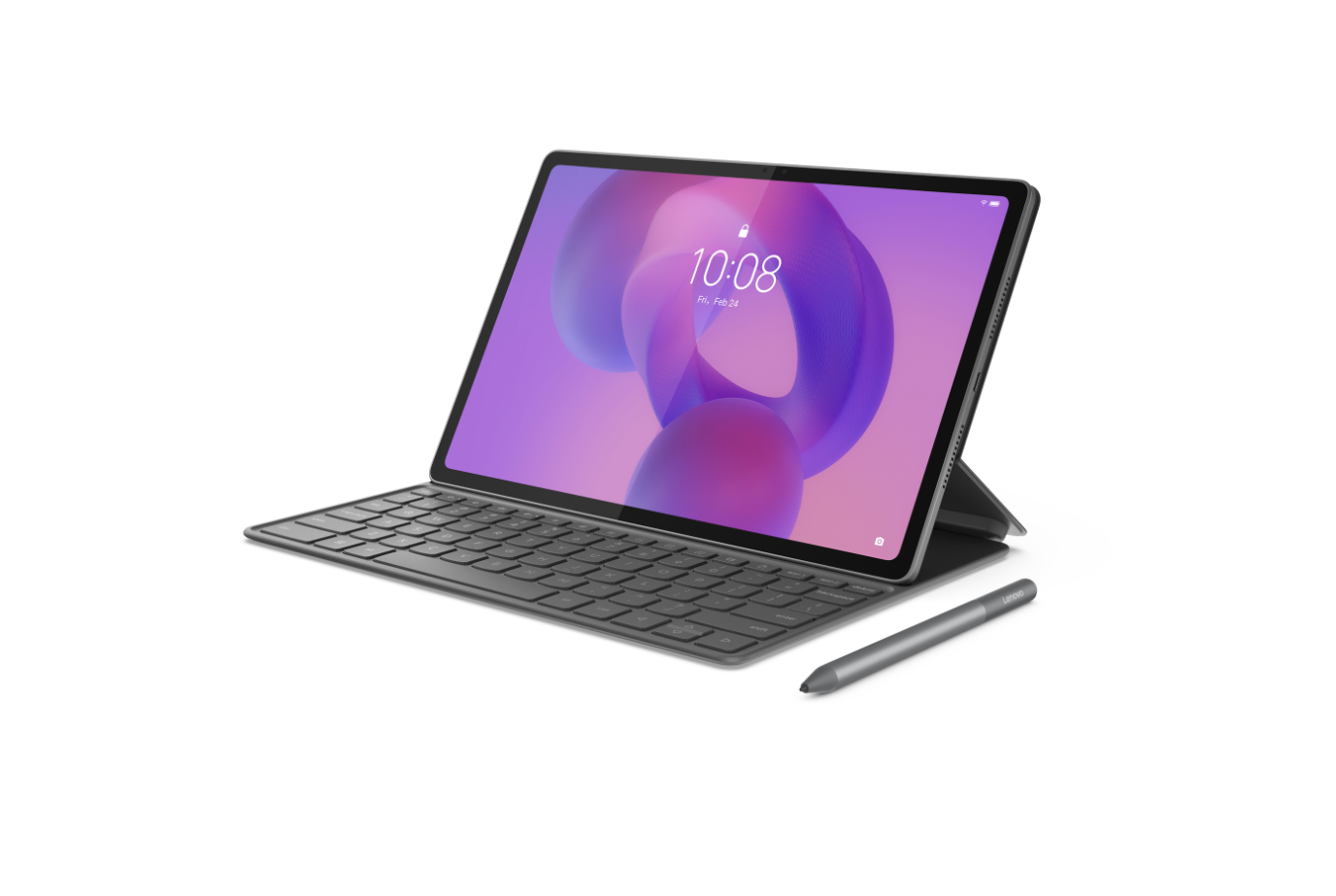 Tablet mit Tastatur und Stift auf weißem Hintergrund. Bildschirm zeigt 10:08 Uhr. Tastatur schwarz, Stift grau.