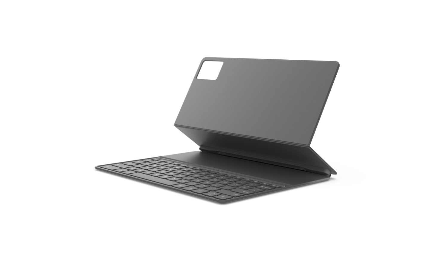 Dunkelgraue Tablet-Tastaturhülle. Sie ist geöffnet, der Bildschirmteil steht aufrecht und die Tastatur liegt flach. Weißer Hintergrund.