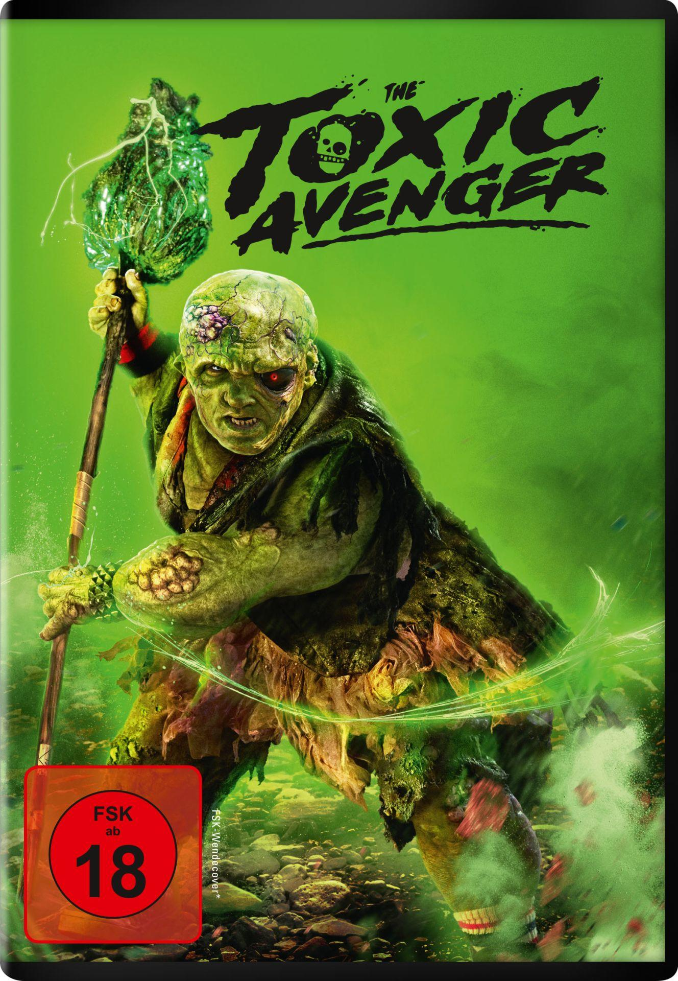 Das Cover der Toxic Avenger-DVD. Eine mutierte Figur hält einen Stab, grüner, giftiger Hintergrund. FSK 18-Bewertung sichtbar.