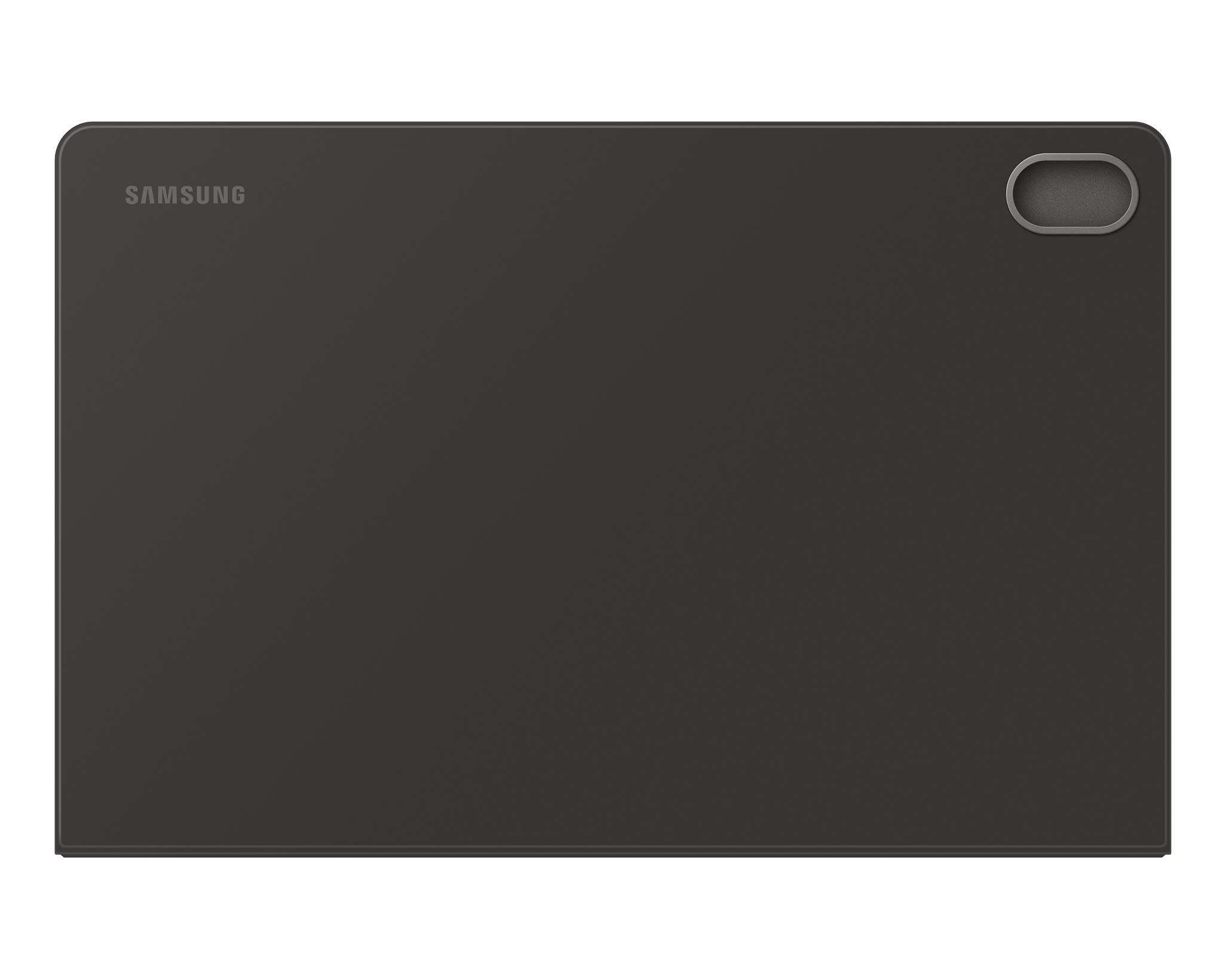 Sötétszürke táblagéptok Samsung logóval. Van egy kamerakivágása, és fehér háttéren van.