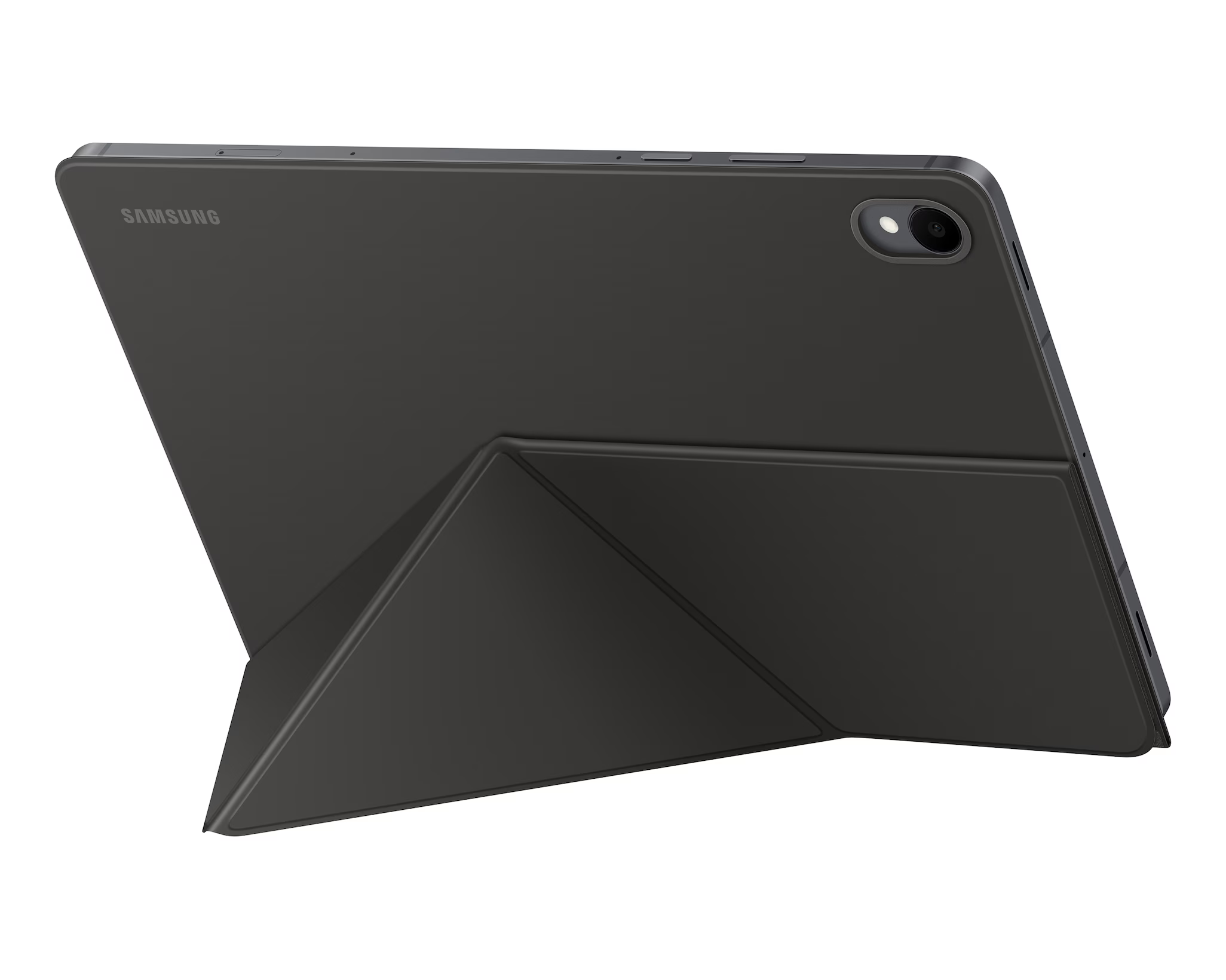 Egy fekete Samsung tablet, hozzáillő tokkal, állvánnyá hajtva. A tablet fehér háttéren látható.