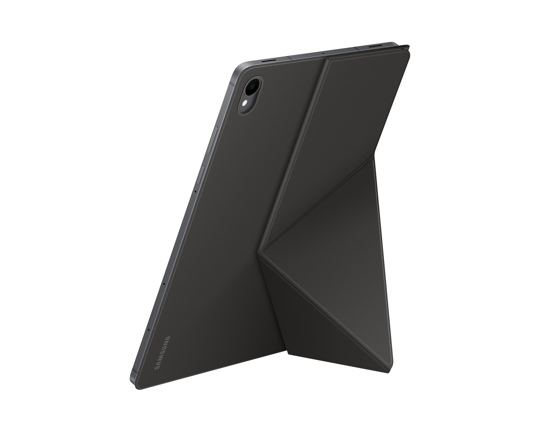 Egy fekete Samsung tablet tokkal, fehér háttérrel. A tok állvánnyá van hajtva.
