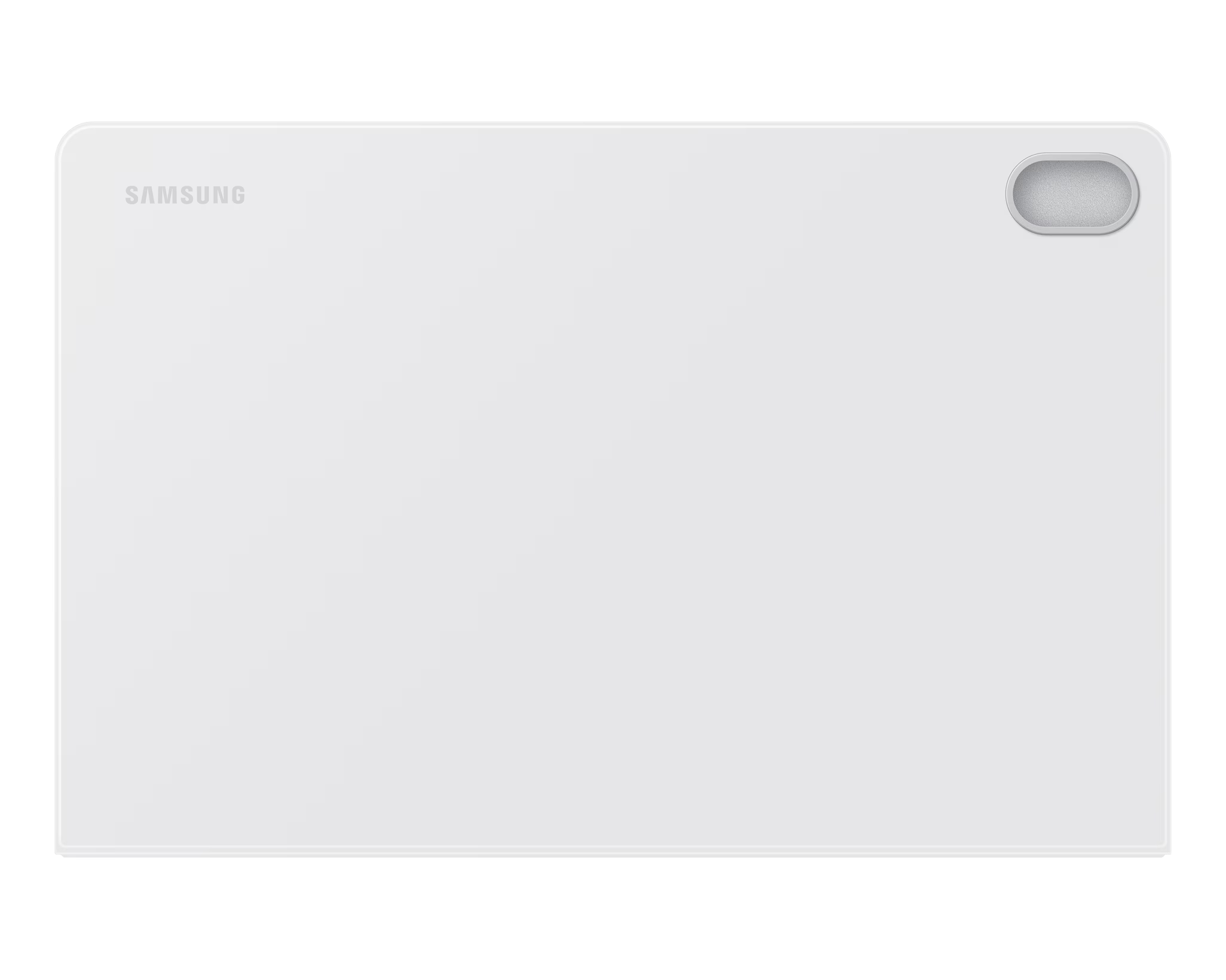 Fehér tablet hátlap Samsung logóval. Ezüst ovális gomb a jobb felső sarokban.